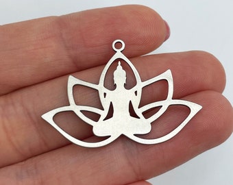 Stainless Steel Buddha Charm, Buddha in Lotus Charm Pendant, Om Charm, Namaste Meditation Yoga Charms Findings, Laser Cut Jewelry Supplies