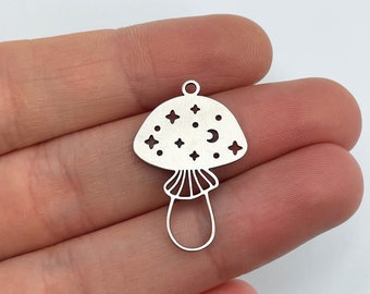Stainless Steel Mushroom Charm, Mushroom Pendant, Moon and Stars Mushroom Charm, Steel Charm Earrings, Laser Cut Charms Findings