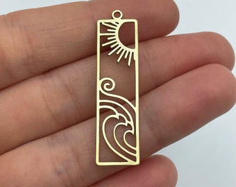 Raw Brass Rectangle Bar Charm, Brass Sun and Waves Charm, Raw Brass Rectangle Pendant, Brass Earring Findings, Jewelry Making Supplies