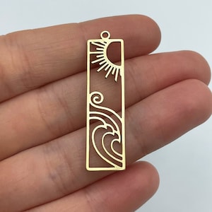 Raw Brass Rectangle Bar Charm, Brass Sun and Waves Charm, Raw Brass Rectangle Pendant, Brass Earring Findings, Jewelry Making Supplies