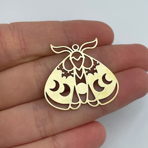 Raw Brass Moth Charm, Luna Moth Pendant, Wicca Pagan Pendant, Bug Charm, Moon Phase Charm, Laser Cut Brass Earring Charms, Jewelry Supplies