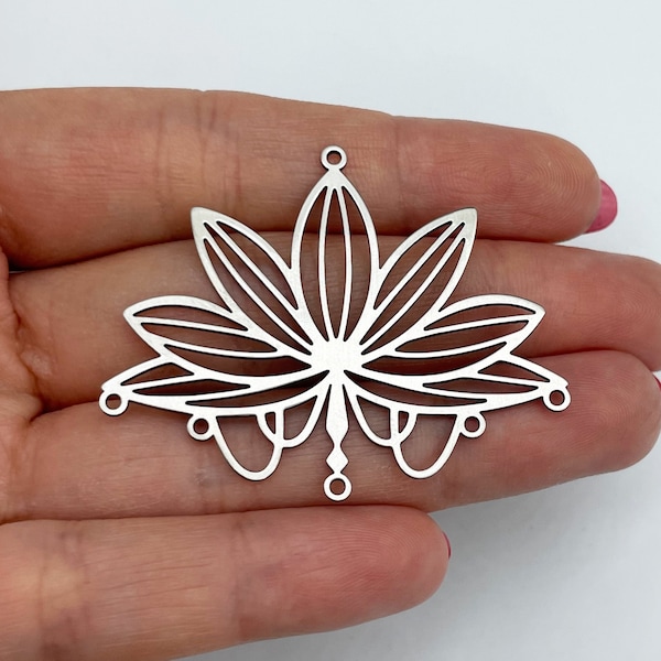 Stainless Steel Lotus Charm, Surgical Steel Earring Charm, Suncatcher Charms, 5 Hole Steel Connectors, Steel Jewelry Supplies 40x50x0.80mm