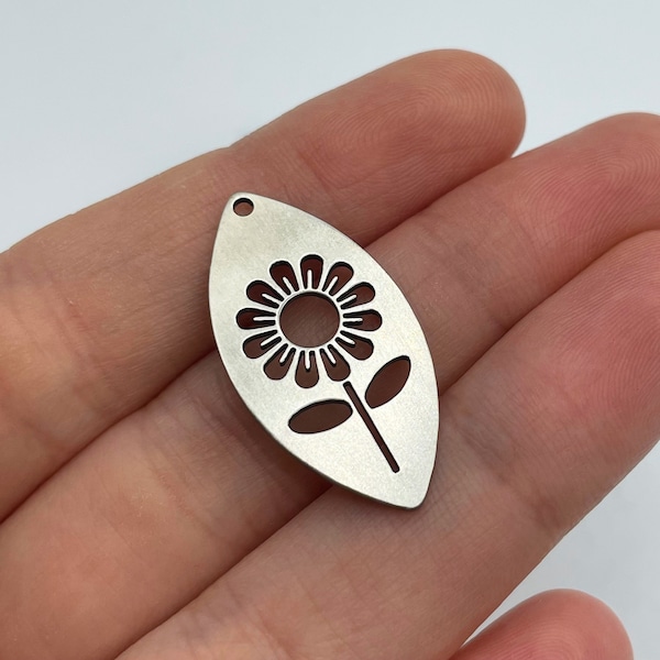 Stainless Steel Oval Sunflower Charm, Oval Flower Earring Charm, Sunflower Pendant, Jewelry Making Supplies, Daisy Charm, Earring Charms