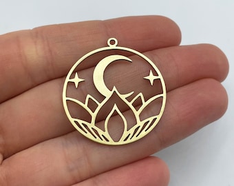 Raw Brass Round Crescent Lotus Charm, Brass Lotus Charm, Crescent Moon Pendant, Laser Cut Brass Earring Charms, DIY Jewelry Making Supplies