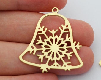 Brass Christmas Bell Snowflake Charm, Christmas Ornament Charms, Holiday Winter Jewelry Charms, Laser Cut Jewelry Making Supplies