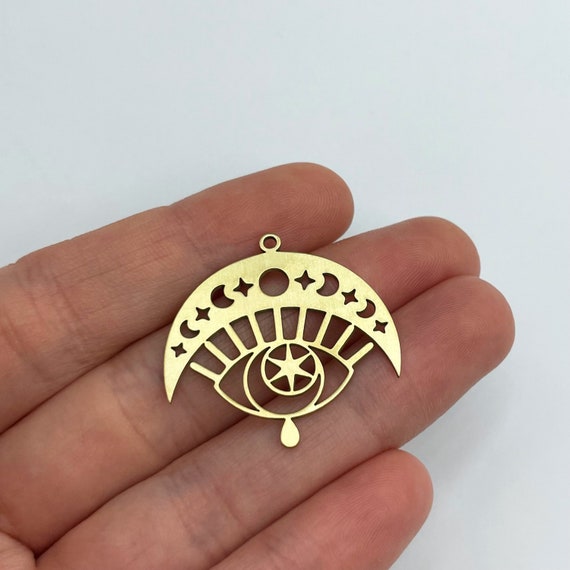 Raw Brass Eye Teardrop Charm, Brass Eye Moon Phase Charm Pendant, Brass Charm Earrings, Evil Eye Charm, Laser Cut Charm, Brass Findings