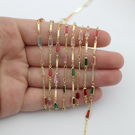 Faceted Gemstone Connector Chain, 24K Gold Plated Brass Cable Chain, Multicolor Glass Gemstone Bezel Links, Soldered Jewelry Chain by Foot
