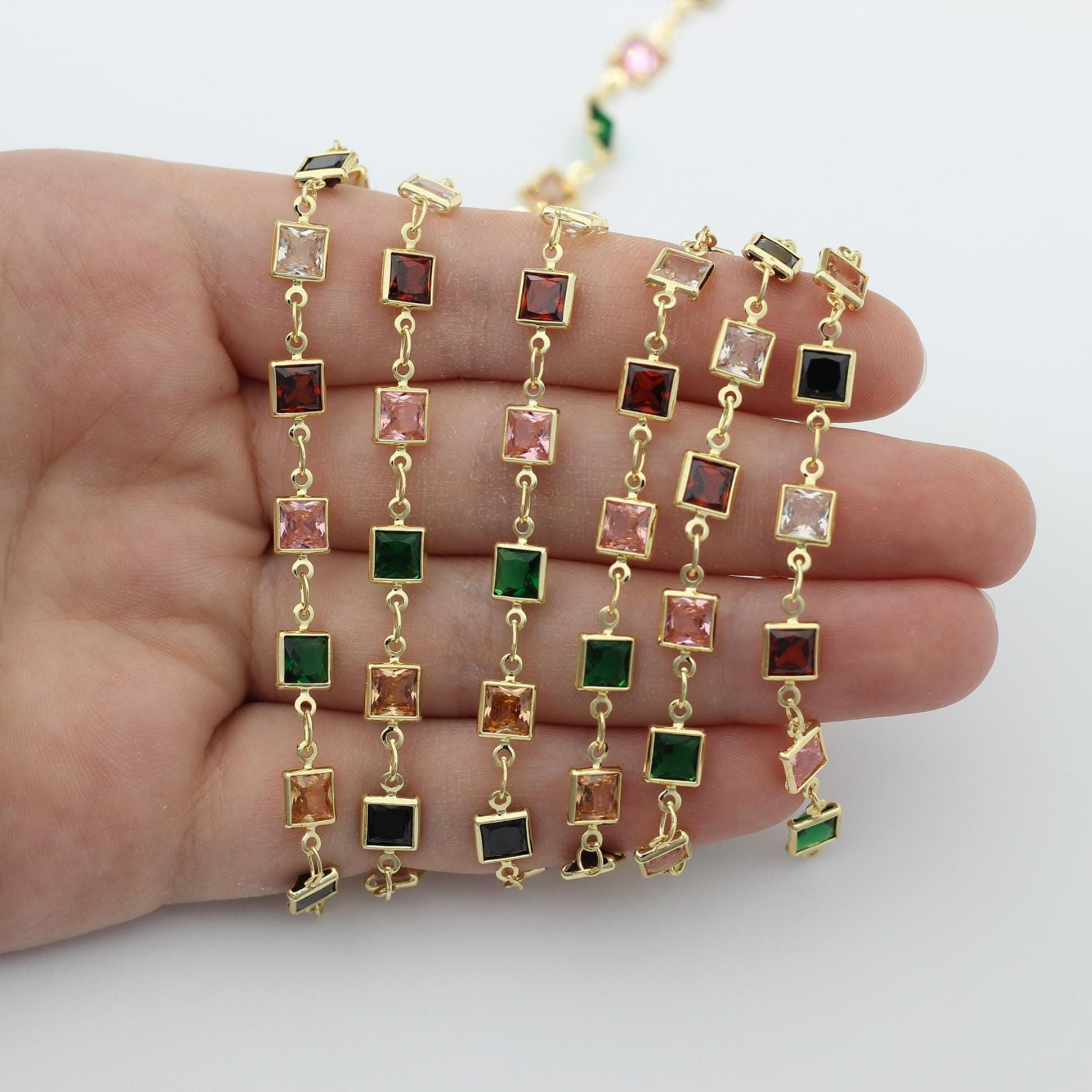Square Gemstone Connector Chain, 24K Real Gold Plated Glass Bezel Link Chain, Colorful Jewelry Chain by Foot for DIY Necklaces and Bracelets
