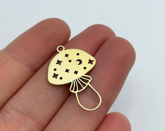 Raw Brass Mushroom Charm, Brass Mushroom Pendant, Moon and Stars Mushroom Charm, Brass Charm Earrings, Laser Cut Charms, Brass Findings