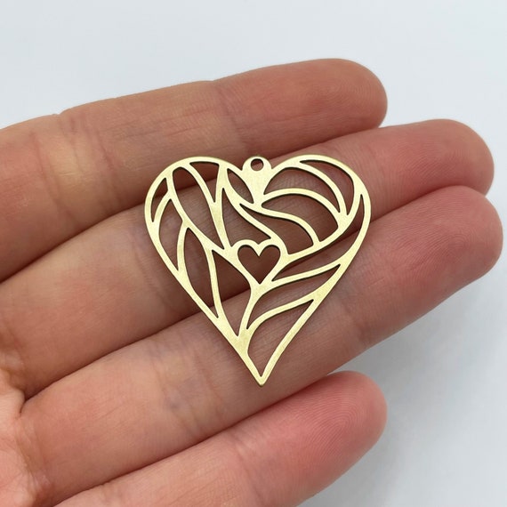 Raw Brass Heart Charm, Geometric Heart Charm, Brass Pendant, Brass Heart Connector, Brass Hollow Heart Pendant, Jewelry Making Supplies