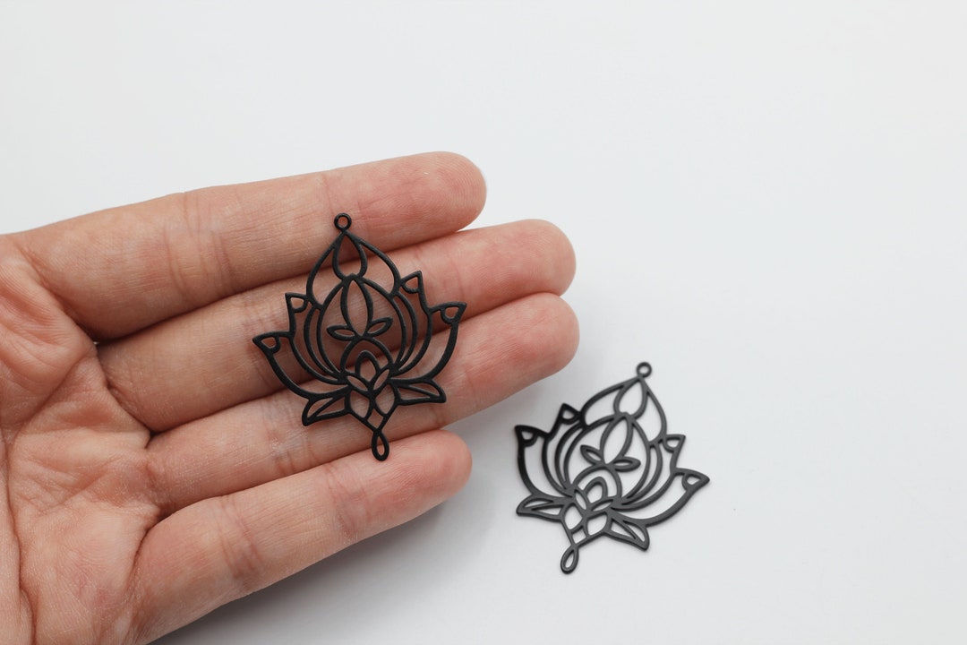 Black Lotus Charm, Steel Flower Charm, Black Plated Steel