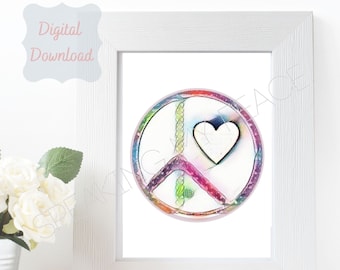 BOHO Peace and Love Wall Art | Digital Download | Watercolor Pastel Peace Sign