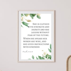Proverbs 31:25-26 She Is Clothed With Strength And Dignity Printable Scripture Mother&#39;s Day Gift Greenery Print Bible Verse Digital Wall Art
