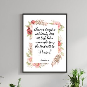 Provérbios 31:30 Dia das Mães Arte de parede cristã Versículo da Bíblia para impressão Escritura Presente do dia das mães Versículo floral da Bíblia Citação digital para a mamãe!