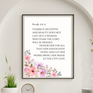 Spreuken 31:30-31 Moederdag Bijbelvers Moederdag Wall Art Afdrukbare geschenken voor moeder Wilde bloemen Print Christian Wall Art Download!