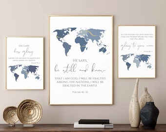 World Map Bible Verse Art Prints: Psalms Set of 3 (Digital Download)