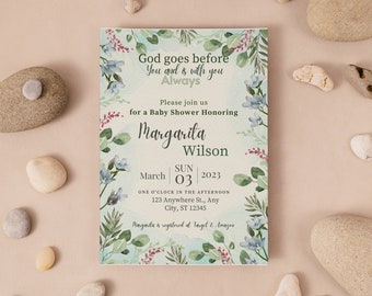 God Goes Before You Greenery Baby Shower Invite Editable Greenery Shower Invite Christian Baby Shower Invite Neutral Christian Invitation