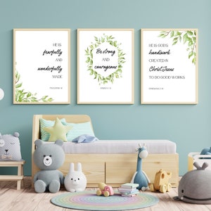 Kids Bible Verse Wall Art Set of 3 Baby Boy Nursery Christian Greenery Wall Art For Baby Nursery Scripture Download Boy Room Christian Decor