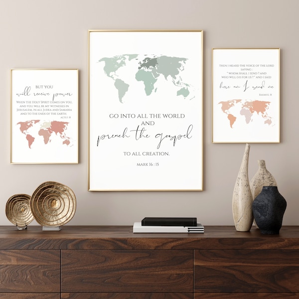 Acts 1:8 Set of 3 World Map Wall Art Printable Minimalistic Verses Bible Verse About Power Scripture Minimalist Prints Digital World Map Art