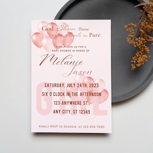 God Blesses Those Whose Hearts Are Pure Christian Baby Shower Invitation Pink Balloons Baby Shower Invite Christian Baby Girl Shower Invite