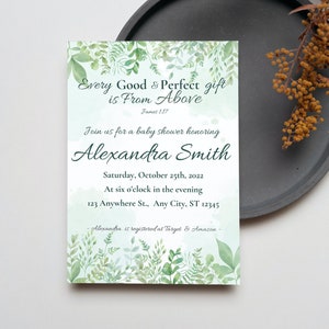 Every Good And Perfect Gift Is From Above Greenery Baby Shower Christian Invite Editable Greenery Shower Invite Christian Baby Shower Invite