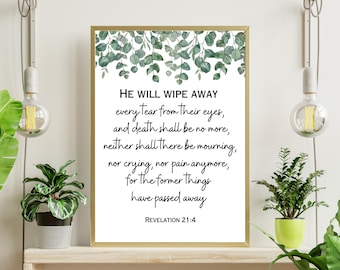 Revelation 21:4 He Will Wipe Away Bible Verse Wall Art  Printable Minimalistic Verse Greenery Scripture Quote Scripture Minimalist Prints
