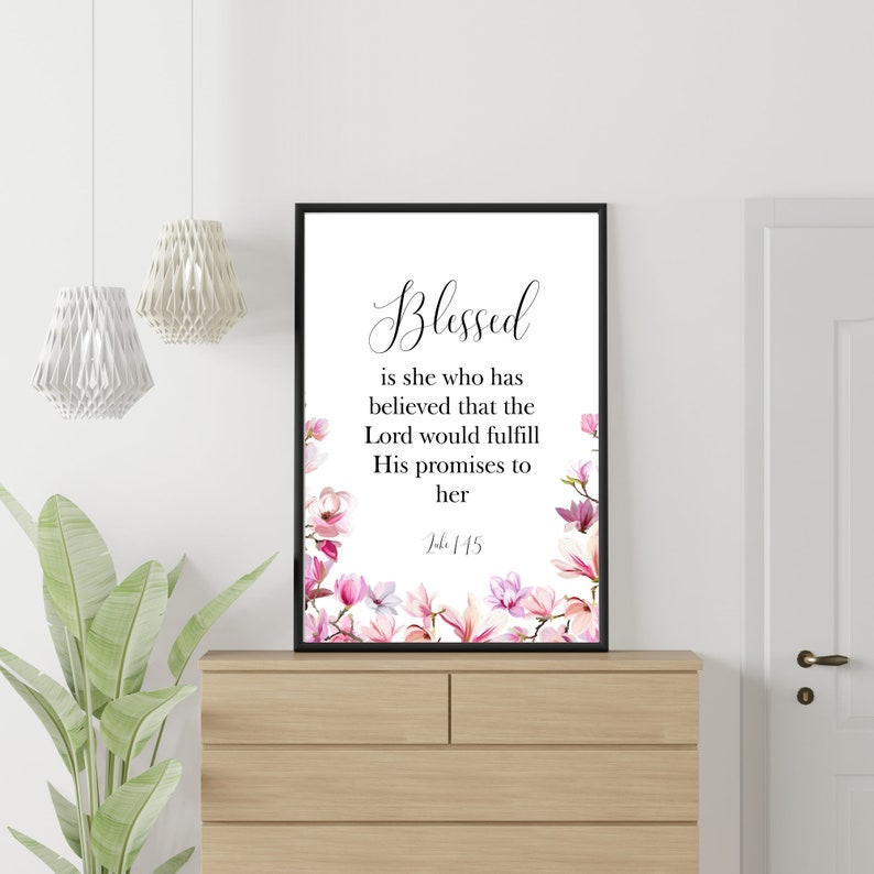 Luke 1:45 Blessed is She Bible Verse Wall Art Printable Scripture Pink ...