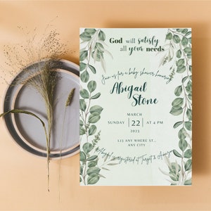 Baby Shower Invitation, Editable Greenery Baby Shower Invitation, Christian Baby Shower Invitation, Printable Digital Download,