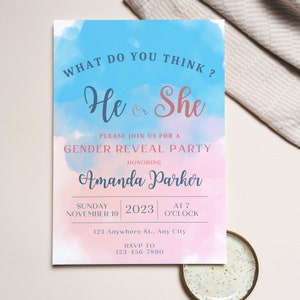 Gender Reveal Invitation Template Baby Reveal Party Invite He or She Gender Party Editable Gender Party Invitation Boy or Girl Gender Invite