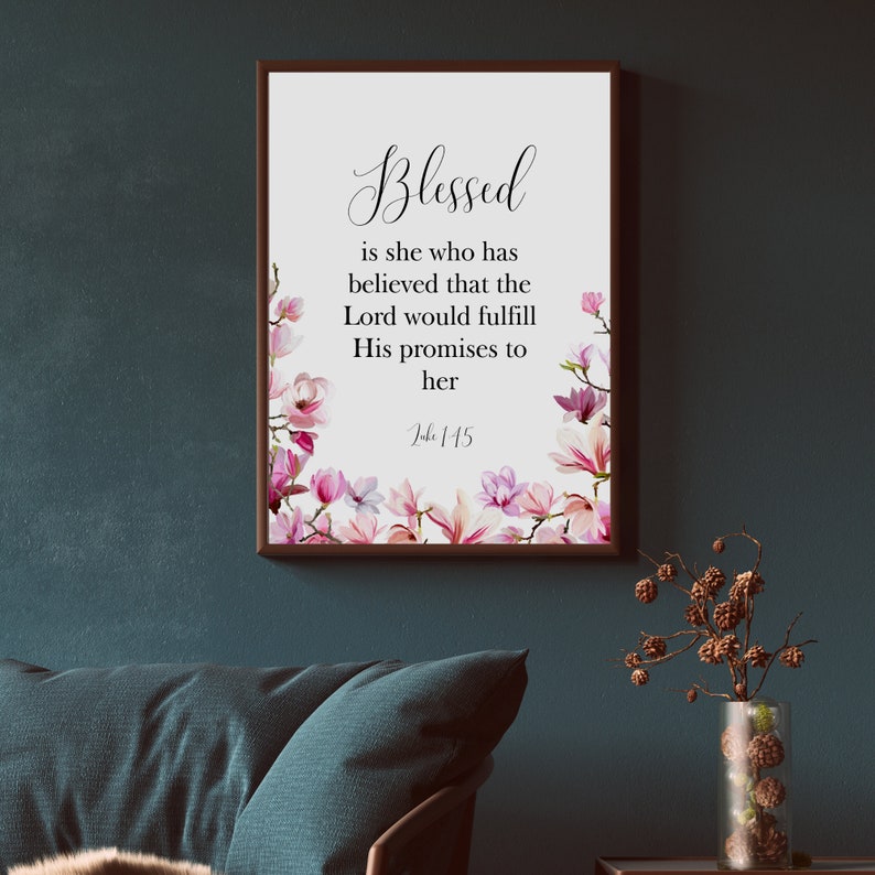 Luke 1:45 Blessed is She Bible Verse Wall Art Printable Scripture Pink ...
