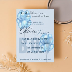 Blue Balloons Baby Shower Invitation, Christian Baby Shower Invitation Template, Printable Baby Shower Invitation, Editable Digital Download