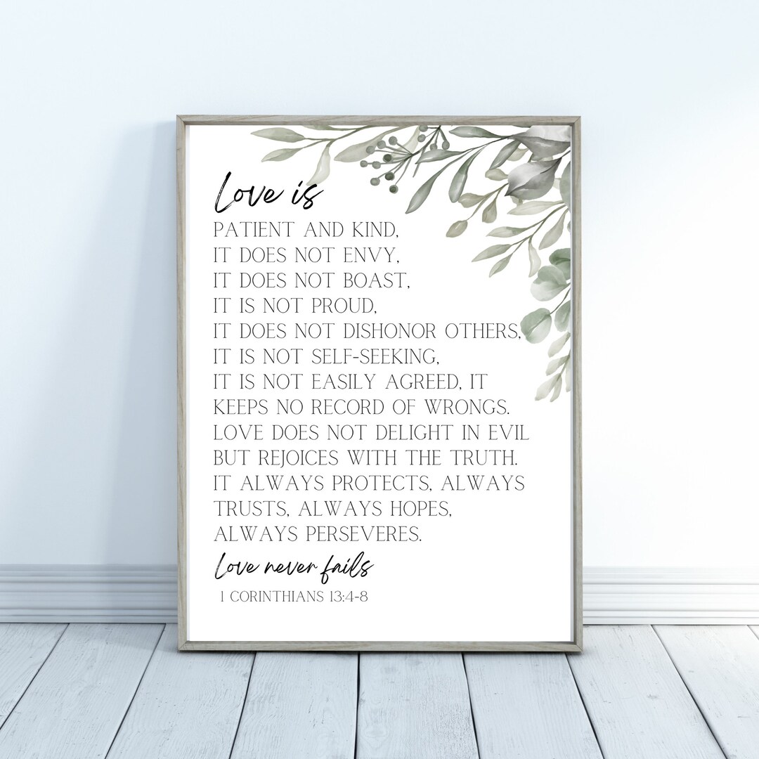 1 Corinthians 13:4-8 Love Bible Verse Wall Art Greenery Scripture Quote ...