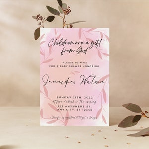 Baby Shower Invitation, Editable Pink Baby Shower Invitation, Leafy Christian Baby Shower Invitation, Printable Digital Download,