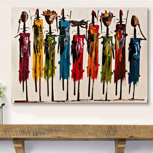 Ethnic Art, African Tribe, African Women Carryin Baskets Abstract Canvas Wall Art