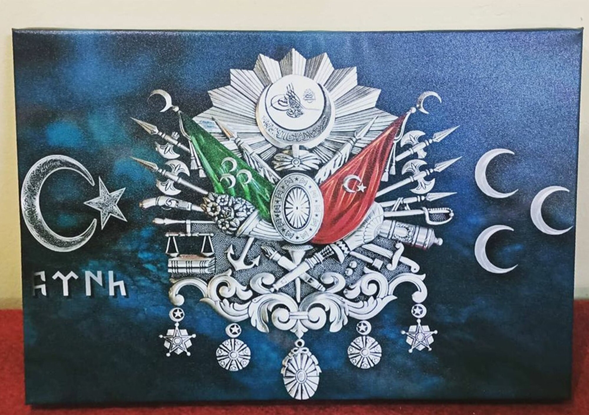 Ottoman Emblem, 3 Crescents, Moon and Star, Turk in Gokturk Alphabet