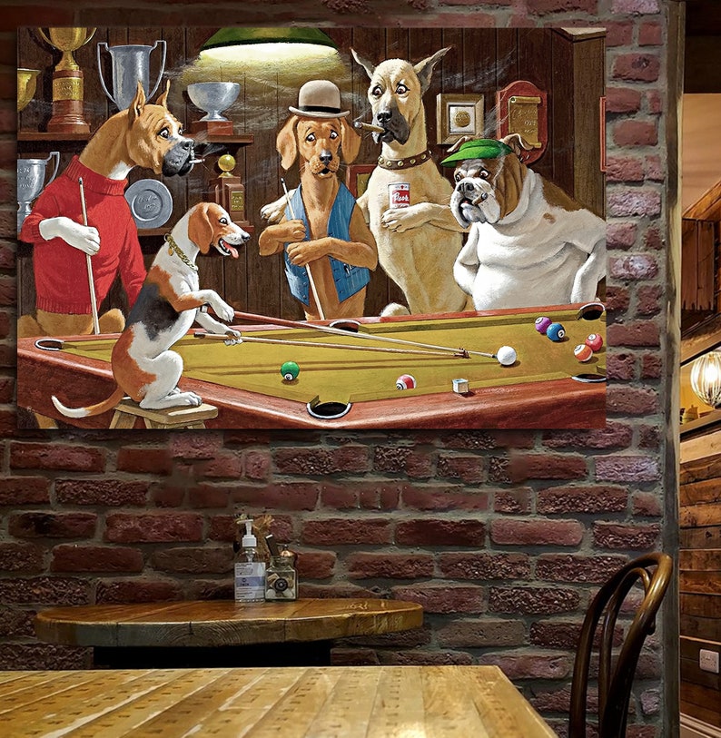 Dogs Playing Pool, Bar Decor, Retro Billiard Playing Dogs, Pool Table Dogs Canvas Wall Art image 8