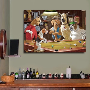 Dogs Playing Pool, Bar Decor, Retro Billiard Playing Dogs, Pool Table Dogs Canvas Wall Art image 3