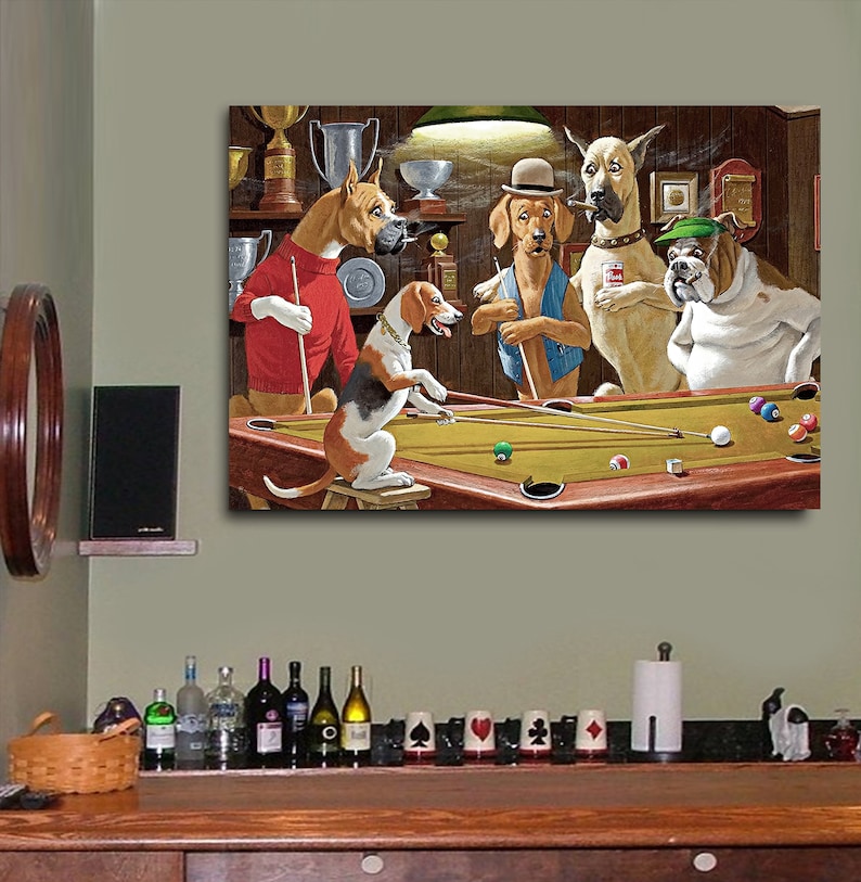 Dogs Playing Pool, Bar Decor, Retro Billiard Playing Dogs, Pool Table Dogs Canvas Wall Art image 3