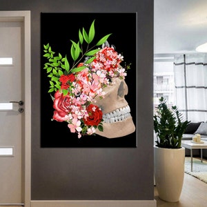 Arte de parede de clínica dentária, caveira com flor e dente, arte de parede, dentista, arte decorativa de parede em tela