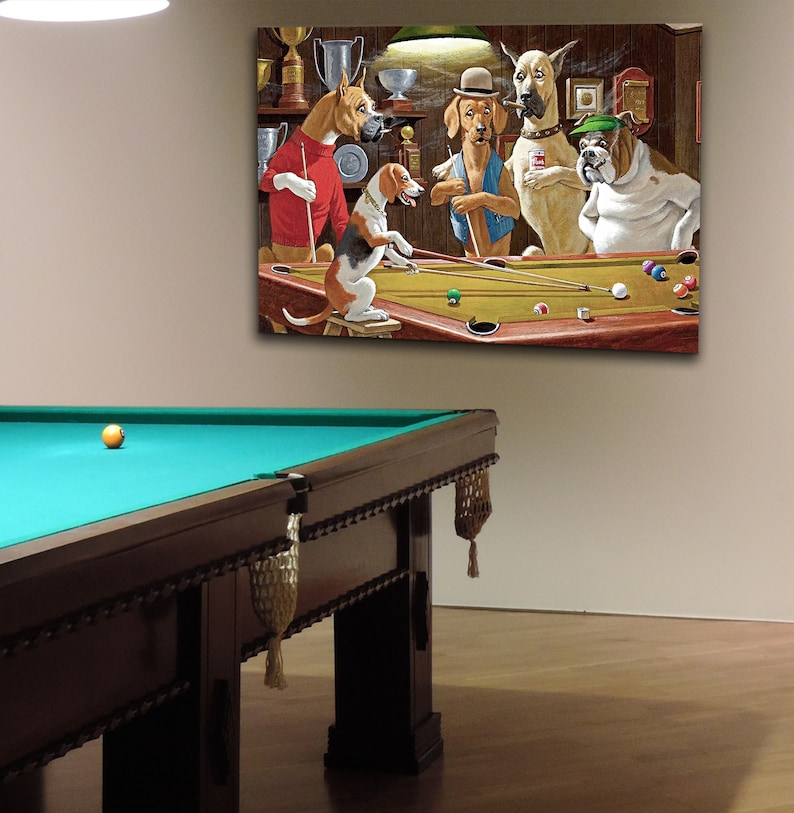 Dogs Playing Pool, Bar Decor, Retro Billiard Playing Dogs, Pool Table Dogs Canvas Wall Art image 1