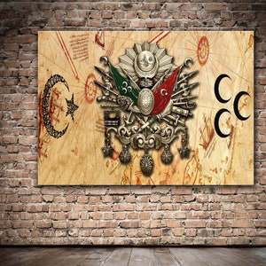 Ottoman Coat of Arms, 3 Hilal, Ottomans, Turks Wall Art , Anthracite Canvas Wall Art