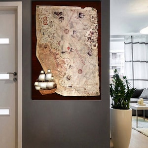 Arte del mapa de Piri Reis otomano, barco detallado Piri Reis mapa lienzo arte de la pared, almirante otomano Piri Reis primer mapa del año de 1513 lienzo arte de la pared