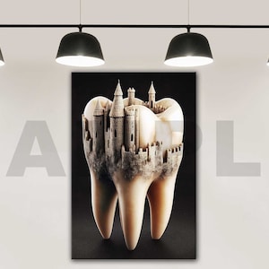 With Black Background Castle Figured Tooth Canvas Wall Art, Castle Embroidered Tooth Canvas Wall ART, Dentist Canvas Wall Art