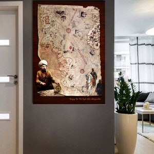 Primer mapa de arte, imagen de Piri Reis detallada Piri Reis mapa lienzo arte de la pared, almirante otomano Piri Reis primer mapa del año de 1513 lienzo arte de la pared