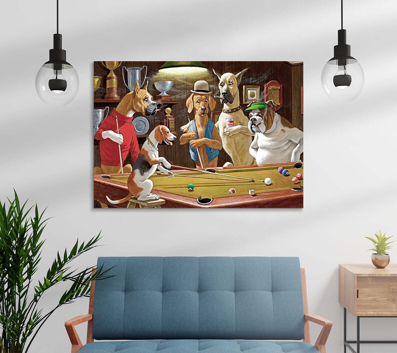 Dogs Playing Pool, Bar Decor, Retro Billiard Playing Dogs, Pool Table Dogs Canvas Wall Art image 6