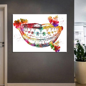 Dentist, Dental Clinic, Tooth Canvas Wall Art, Happy Colored Face Wall Art