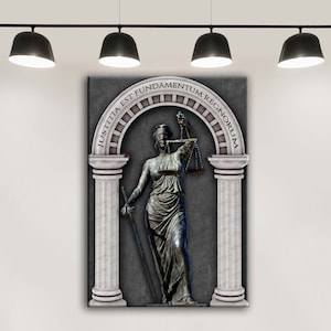 Zilveren Themis Standbeeld Eén Hand Zwaard Eén Hand Schaal Canvas Wall Art, Justitie Geschreven in Latijnse Canvas Wall ART, Advocaat Canvas Wall Art hkk16