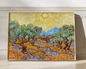 May include: A framed painting of a landscape with olive trees and a bright yellow sun in the sky. The painting is done in a style reminiscent of Vincent van Gogh.