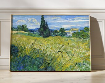 May include: A framed painting of a landscape with a field of yellow flowers, a tall green tree, and a small white house in the distance. The sky is blue with white clouds.