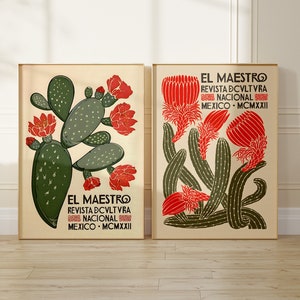 2er-Set El Maestro Kaktus Prints, moderne grüne mexikanische Wandkunst, botanisches Poster, Wüstenkaktus-Kunstwerk, Hauswanddekor, Blumenbehang